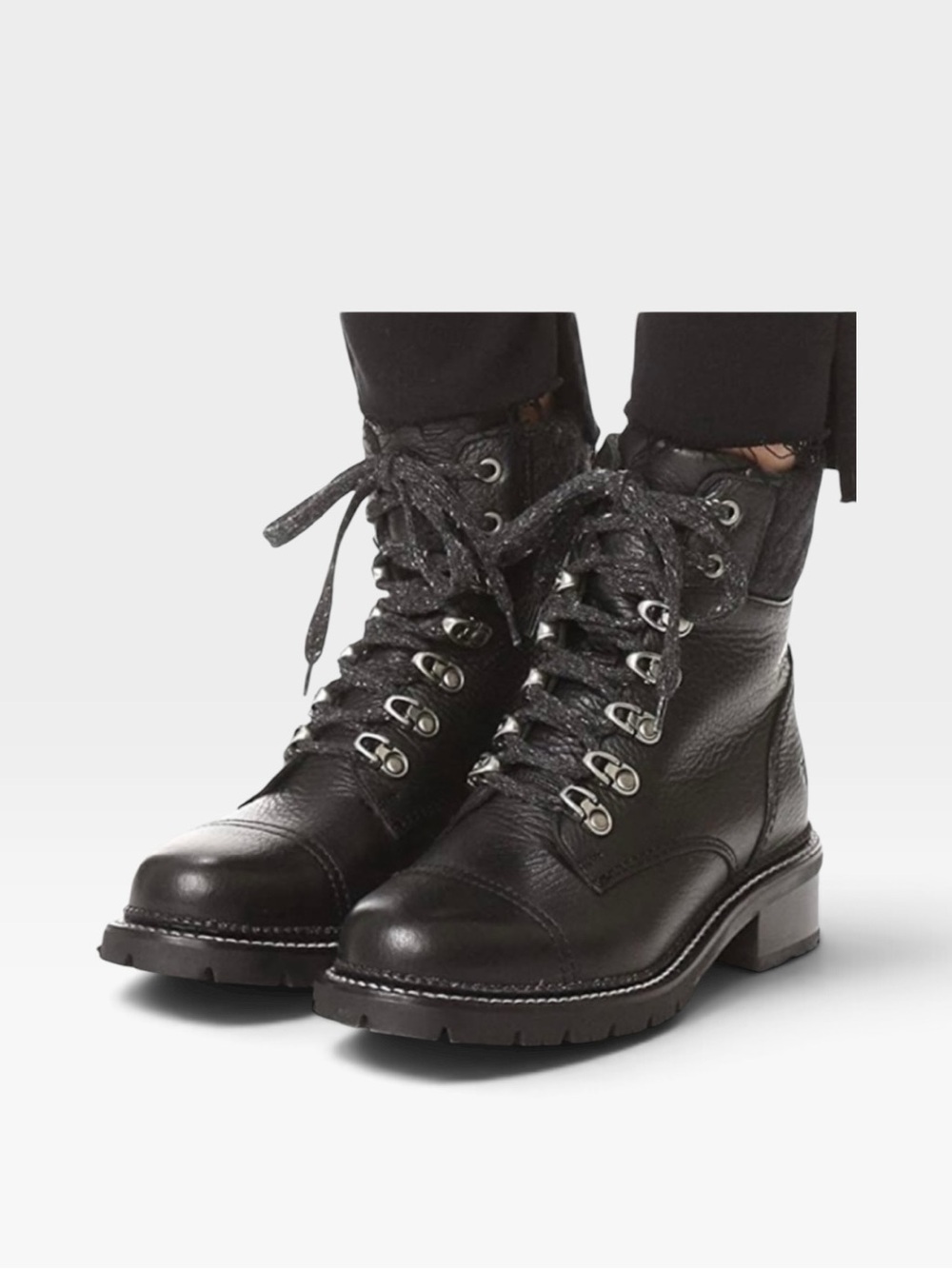 FRYE Samantha Hiker combat lace up Black Leather Ankle Boots Sz 8 1/2